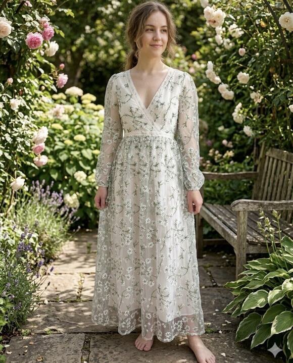 Ever After Dresses & Skirts - Ever After Floral Embroidered Maxi Dress Cottagecore Wedding Guest Long Sleeve S